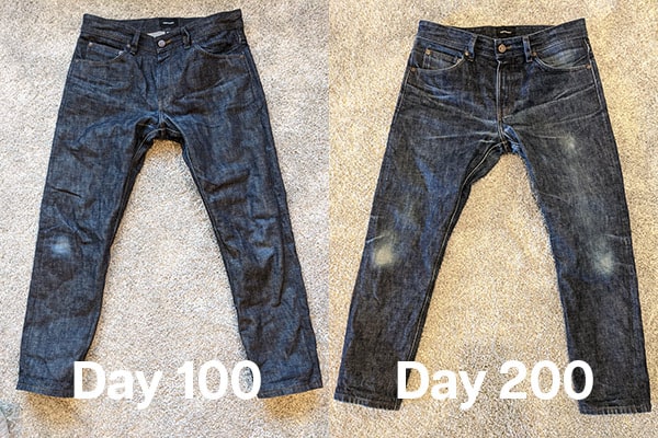 A raw jean after washing on day 100 vs day 200